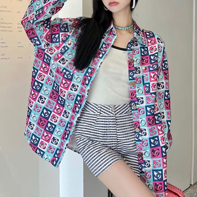 Replica Designer Chanel Fashion Double C Pattern Lapel Collar Loose Shirt