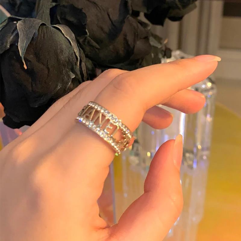 Replica Designer Chanel Fashion Rhinestone Decor Hollow Letter Ring