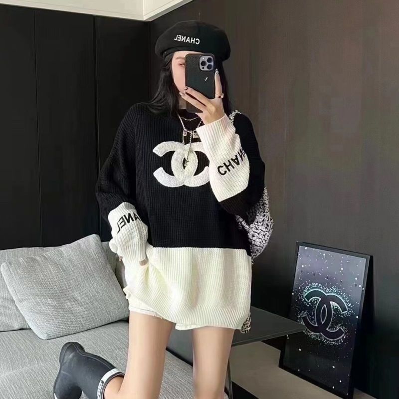 Replica Designer Chanel Loose Colorblock Long Sleeve Embroidered Knit Sweater