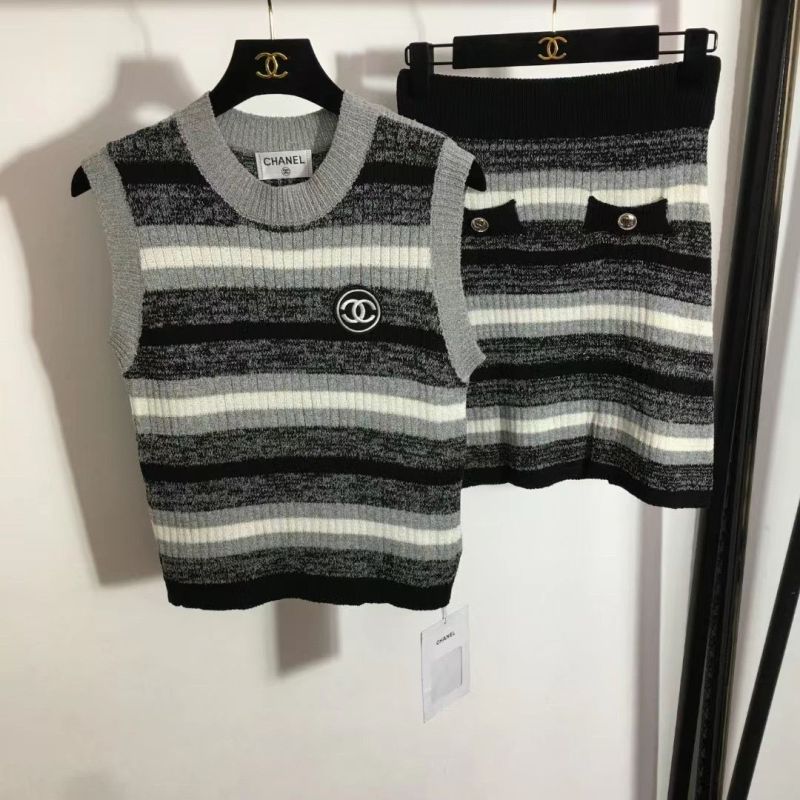 Replica Designer Chanel Sleeveless Knitted Stripe Top And Skirt 2PCS Set
