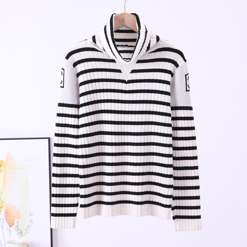Replica Designer Chanel Women Black White Stripe Soft Turtleneck Pullover Sweater