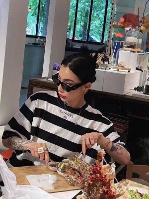 Replica Designer Chanel Women Casual Double C Stripe Short-Sleeved T-Shirt