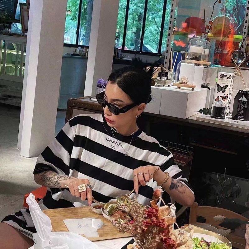 Replica Designer Chanel Women Casual Double C Stripe Short-Sleeved T-Shirt