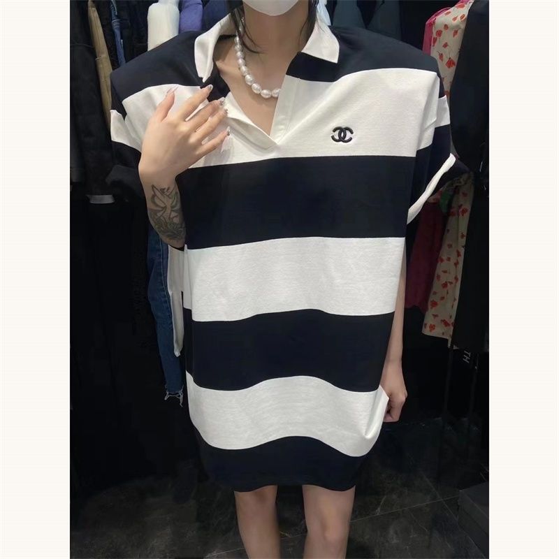 Replica Designer Chanel Women Casual Stripe Contrast Color Embroidered Lapel Short-Sleeved T-Shirt