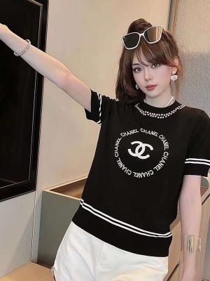 Replica Designer Chanel Women Doble C Letters Jacquard Short-Sleeved LIce Silk T-Shirt