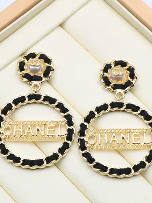 Replica Designer Chanel Women Double C Corduroy Braided Pearl Geometric Earrings