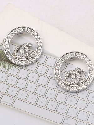 Replica Designer Chanel Women Double C Diamond Circle Hollow Fashion Rhinestones Earrings