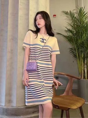 Replica Designer Chanel Women Double C Letters Embroidery Stripe Knitted Loose Short-Sleeved Dress