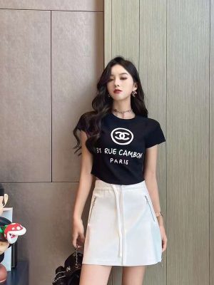 Replica Designer Chanel Women Double C Letters Jacquard Ice Silk T-Shirt