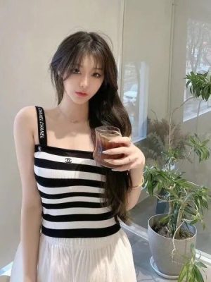 Replica Designer Chanel Women Double C Letters Stripe Sleeveless Knitted Camisole