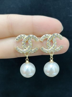 Replica Designer Chanel Women Double C Rhinestone Pearl Earrings