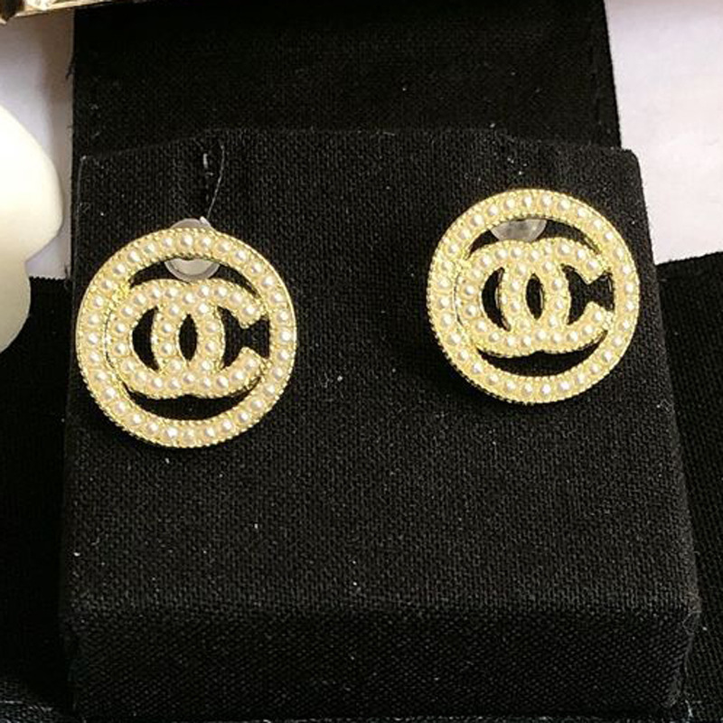 Replica Designer Chanel Women Double C Round Pearl Letter Stud Earrings