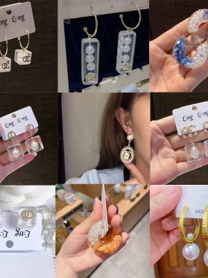 Replica Designer Chanel Women Fashion Acrylic Transparent Geometric Square Pearl Double C Earrings