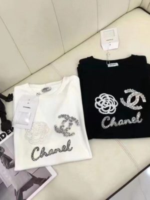 Replica Designer Chanel Women Fashion Bead Decoration Short-Sleeved Round Neck T-Shirt