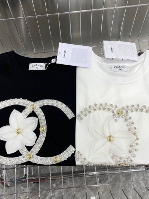 Replica Designer Chanel Women Fashion Beaded Floral Metal Buckle Short-Sleeved Top