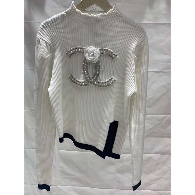 Replica Designer Chanel Women Fashion Beaded Pullover Long Sleeve Split Sweater