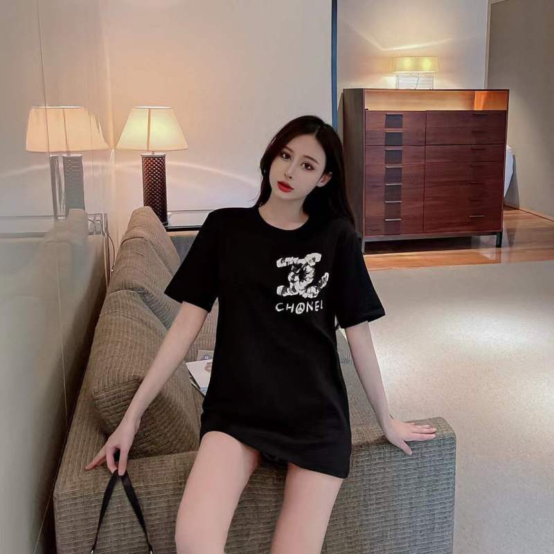 Replica Designer Chanel Women Fashion Black Printing Short-Sleeved Shirt