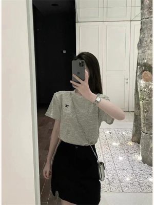Replica Designer Chanel Women Fashion Casual Shoulder Pad T-Shirt Round Neck Short-Sleeved T-shirt