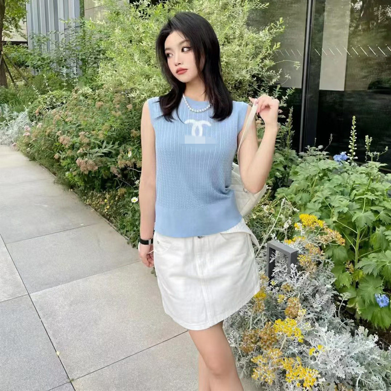 Replica Designer Chanel Women Fashion Contrast Color Embroidery Round Neck Pullover Sleeveless Knitted Vest