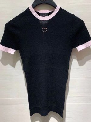 Replica Designer Chanel Women Fashion Double C Letter Embroidery Short-Sleeved Knitted Sweater