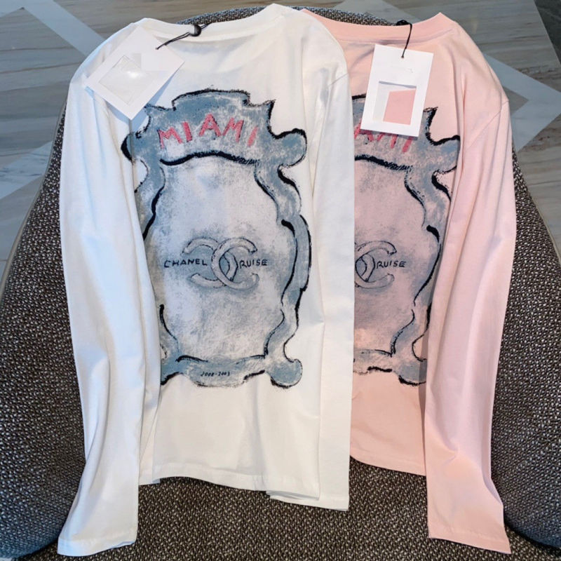 Replica Designer Chanel Women Fashion Double C Letters Love Printing Long-Sleeved T-Shirt