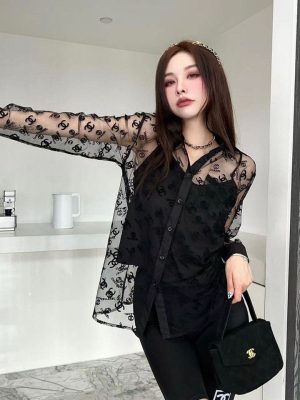 Replica Designer Chanel Women Fashion Double C Letters Printing Transparent Sunscreen Shirt
