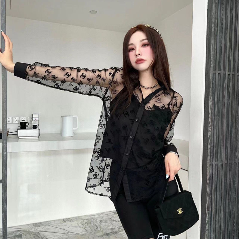 Replica Designer Chanel Women Fashion Double C Letters Printing Transparent Sunscreen Shirt