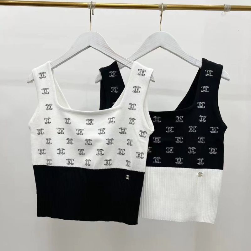 Replica Designer Chanel Women Fashion Double C Letters Rhinestone Knitted Camisole