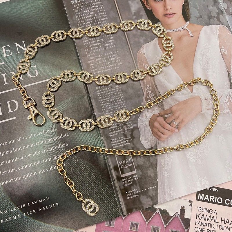 Replica Designer Chanel Women Fashion Double C Letters Rhinestone Metal Chain Belt