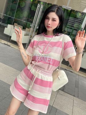 Replica Designer Chanel Women Fashion Double C Letters Stripe Short-Sleeved T-Shirt Shorts Two-Piece Set