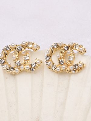 Replica Designer Chanel Women Fashion Double C Pearl Inlaid Zircon Geometric Earrings