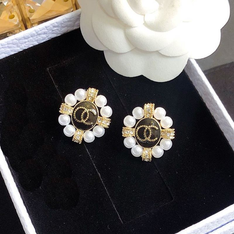 Replica Designer Chanel Women Fashion Double C Pearl Rhinestone Earrings