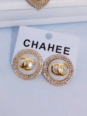 Replica Designer Chanel Women Fashion Double C Round Rhinestone Earrings