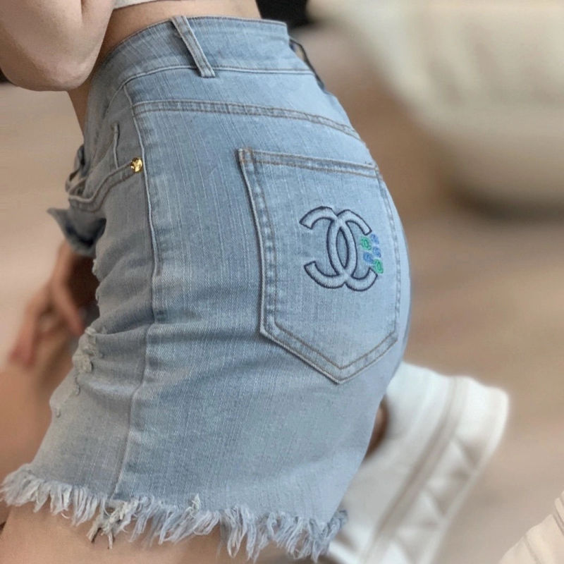Replica Designer Chanel Women Fashion Hole Embroidery Fringed Denim Shorts