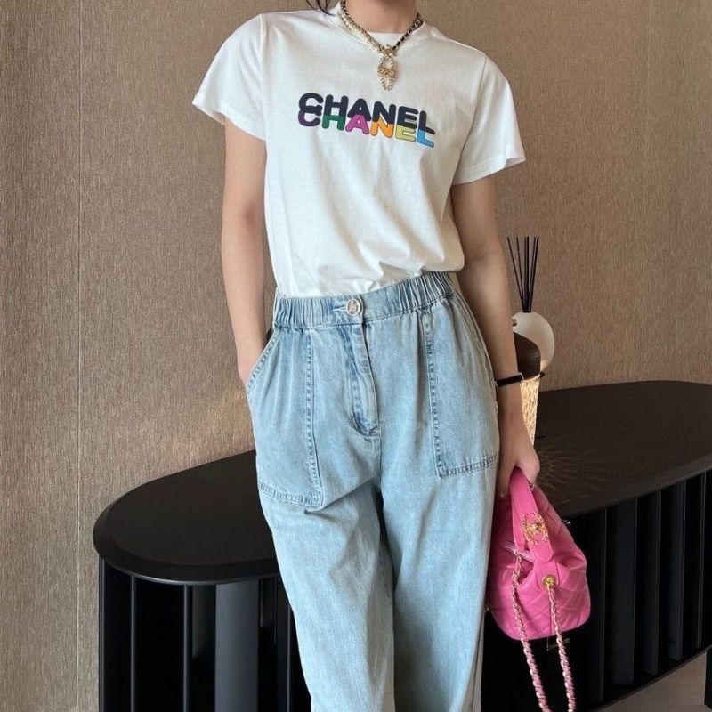 Replica Designer Chanel Women Fashion Layered Multicolor Letter Foam Printing Short-Sleeved T-Shirt
