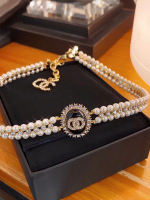 Replica Designer Chanel Women Fashion Letter Double Layer Pearl Rhinestone Necklace