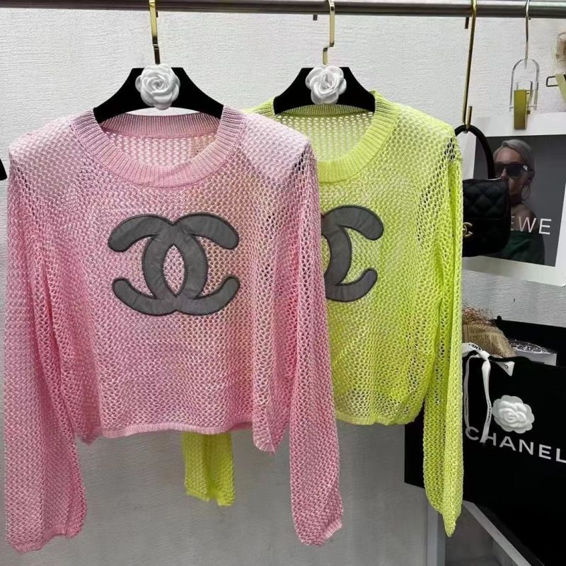 Replica Designer Chanel Women Fashion Luminous Double C Knitted Long Sleeve Shoulder Pad Top