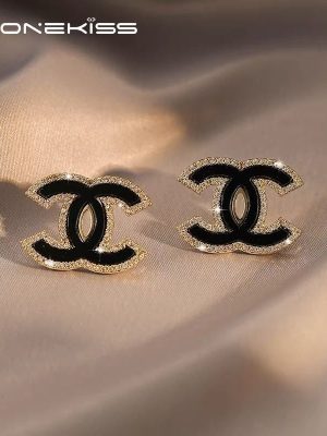 Replica Designer Chanel Women Fashion Rhinestone Black Double C Earrings