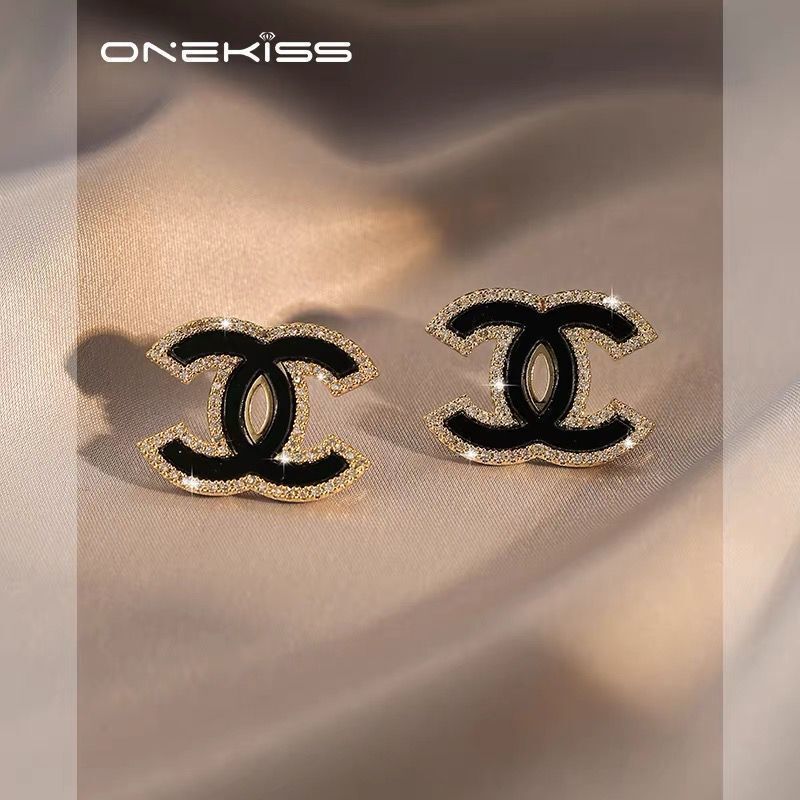 Replica Designer Chanel Women Fashion Rhinestone Black Double C Earrings