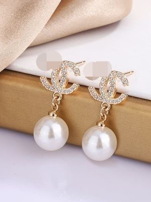 Replica Designer Chanel Women Fashion Rhinestone Pearl Double C Earrings