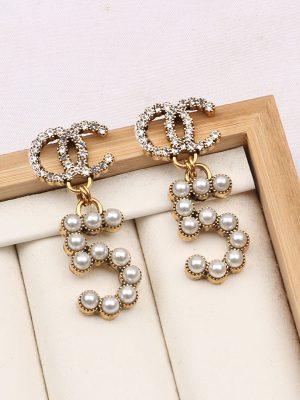 Replica Designer Chanel Women Fashion Rhinestone Pearl Letter Double C Earrings