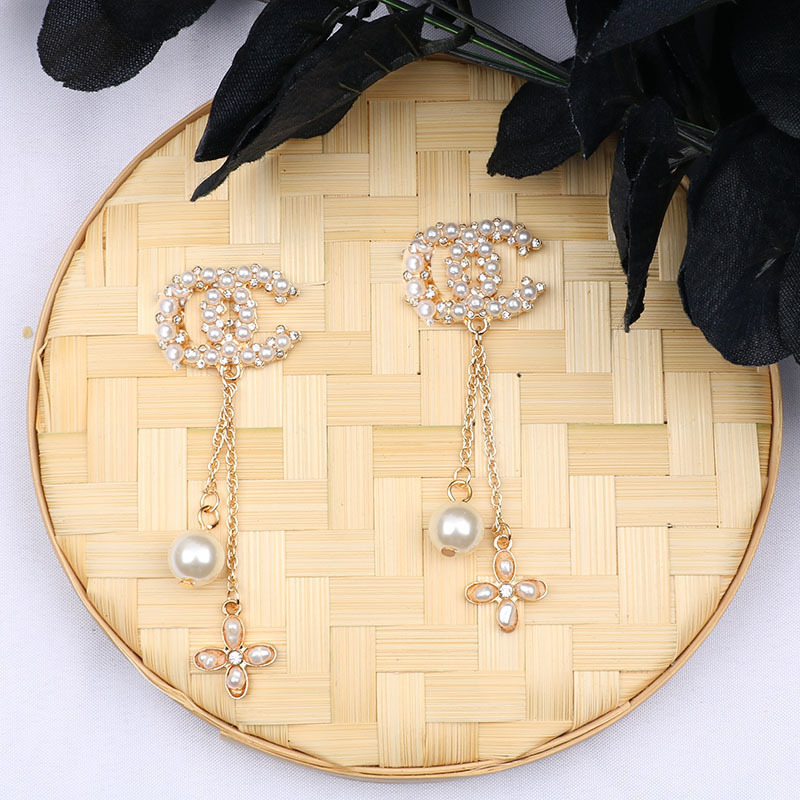 Replica Designer Chanel Women Fashion Rhinestone Pearl Tassel Earrings