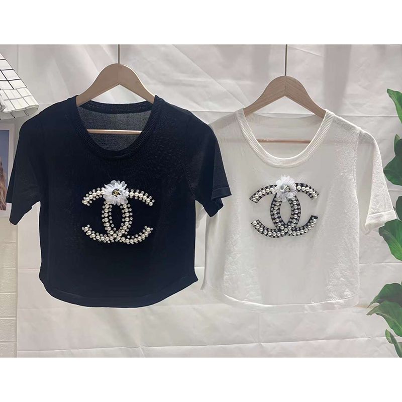 Replica Designer Chanel Women Fashion Rhinestone Short-Sleeved Knitted Top