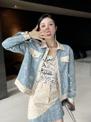 Replica Designer Chanel Women Fashion Sequin Embroidery Colorblock Denim Long Sleeve Coat And Skirt 2PCS Suit
