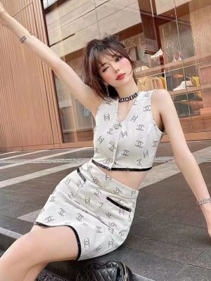 Replica Designer Chanel Women Fashion Sequined Double C Letters Jacket And Skirt Two Pieces Set