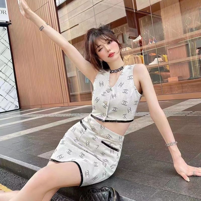 Replica Designer Chanel Women Fashion Sequined Double C Letters Jacket And Skirt Two Pieces Set