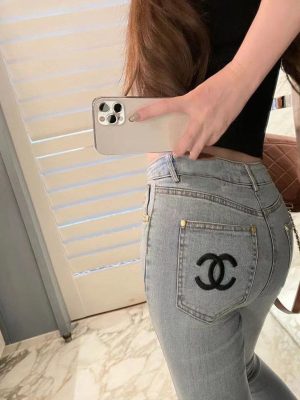 Replica Designer Chanel Women Fashion Slim Embroidered Jeans