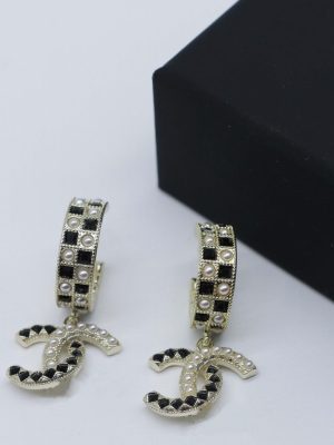 Replica Designer Chanel Women Fashion Tassel Double C Black Rhinestone Pearl Earrings