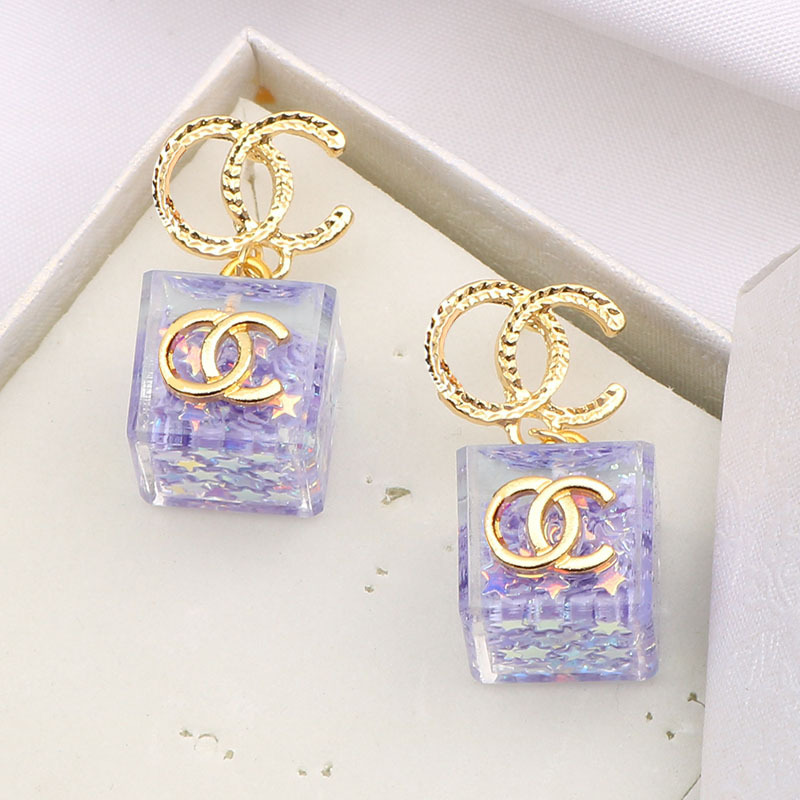Replica Designer Chanel Women Fashion Transparent Sequins Five-Star Square Earrings