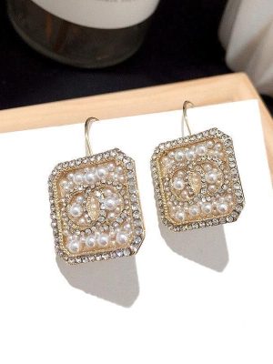 Replica Designer Chanel Women Geometric Square Pearl Rhinestone Double C Earrings